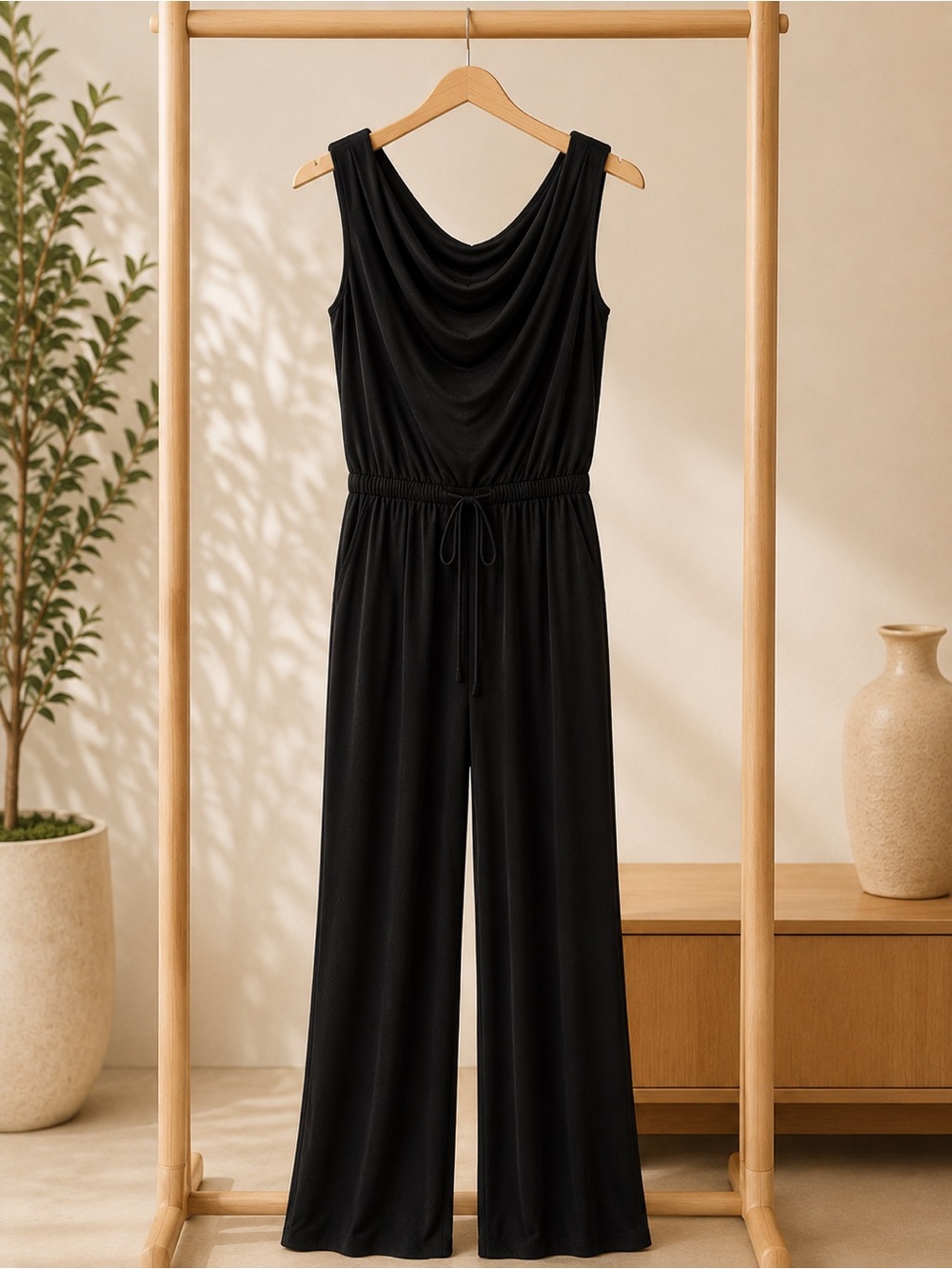Enfocus Studio Black Sleeveless Wide-Leg Jumpsuit with Draped Neck